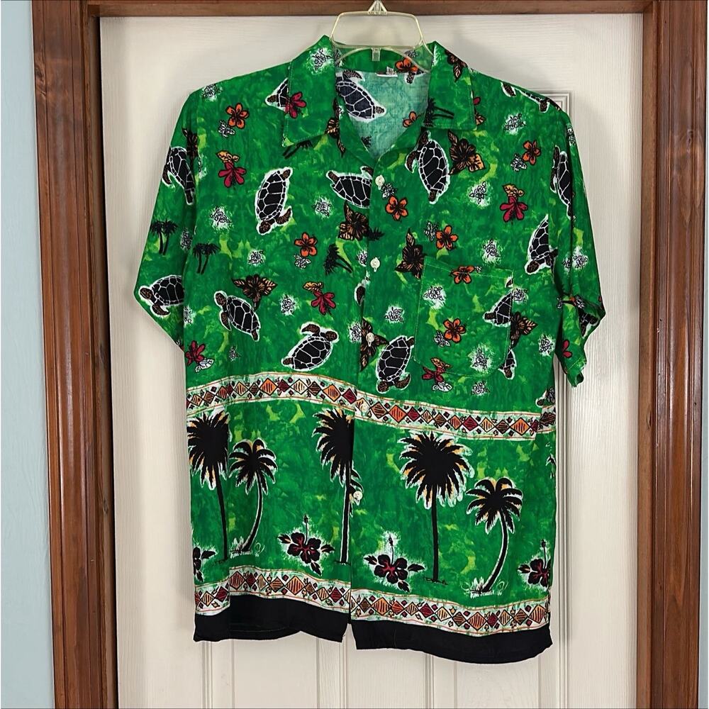 CARIBBEAN SURF Green Hawaiian Shirt Mens Large Turtles